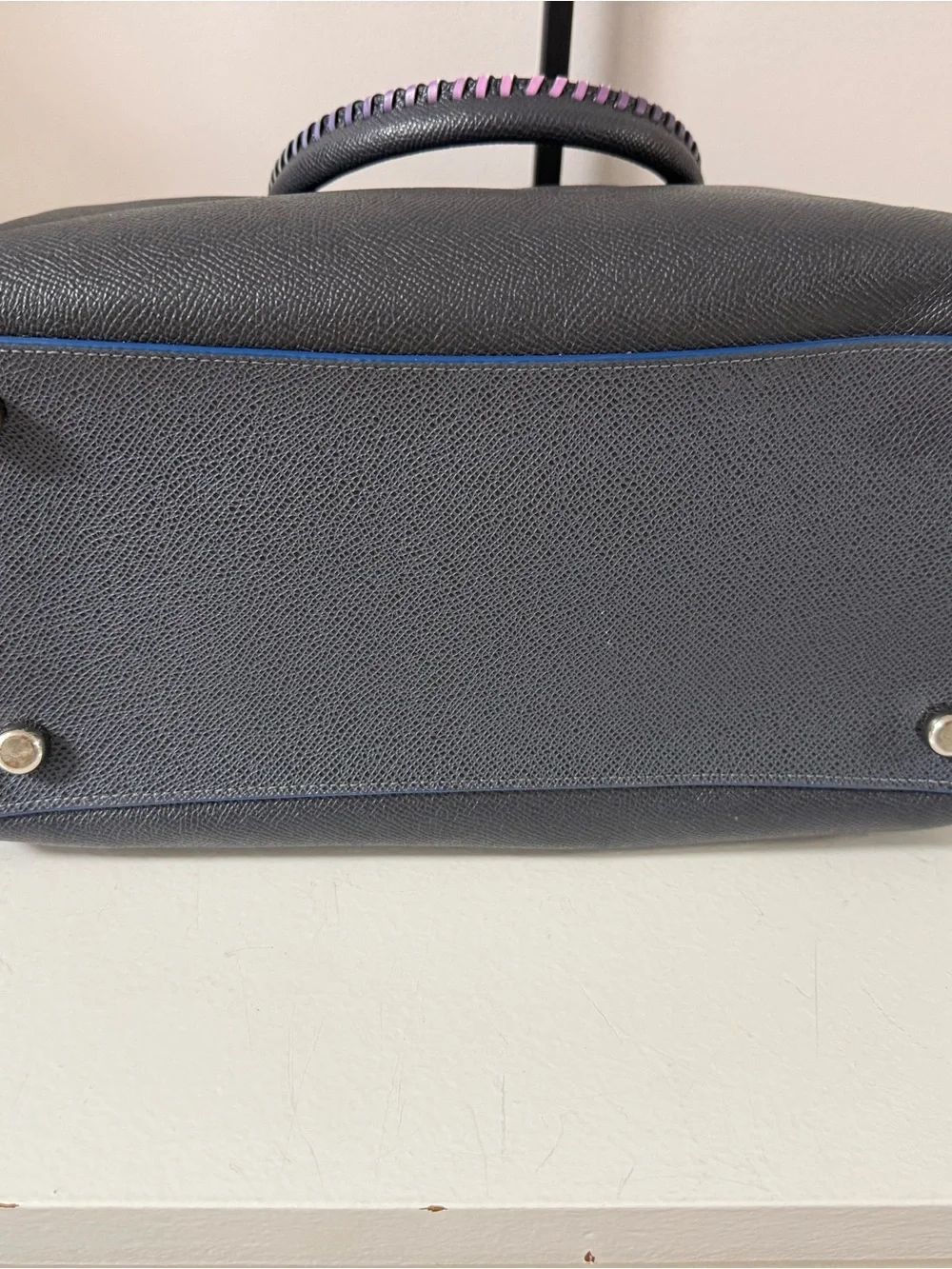 Coach Navy Pebbled Leather Satchel with whipstitch Top Handles!
